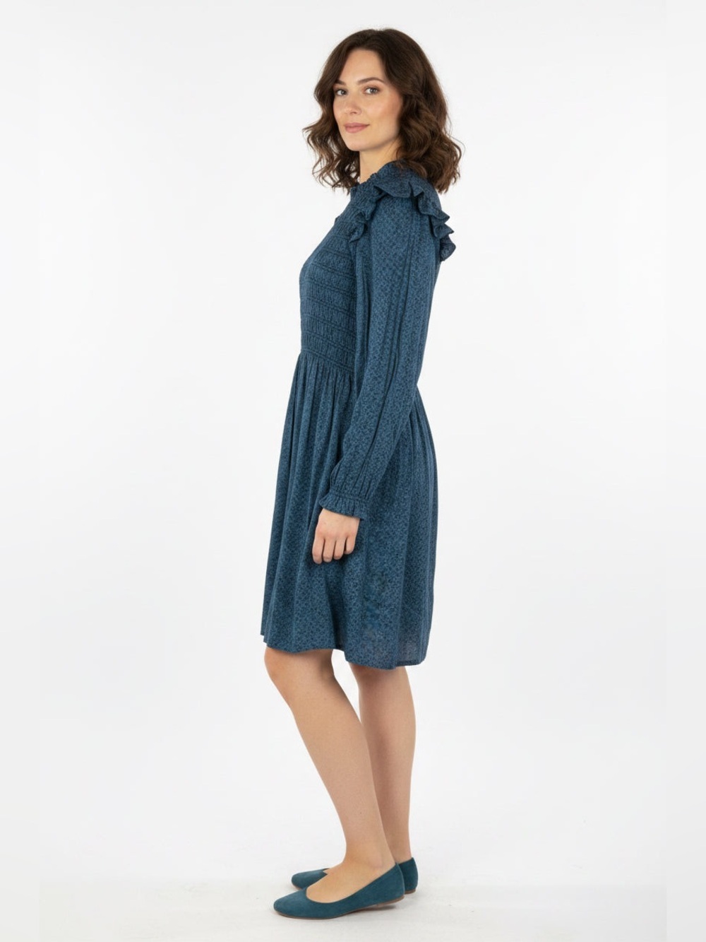 Women’s Teal Blue Ruffled Long-Sleeve Dress